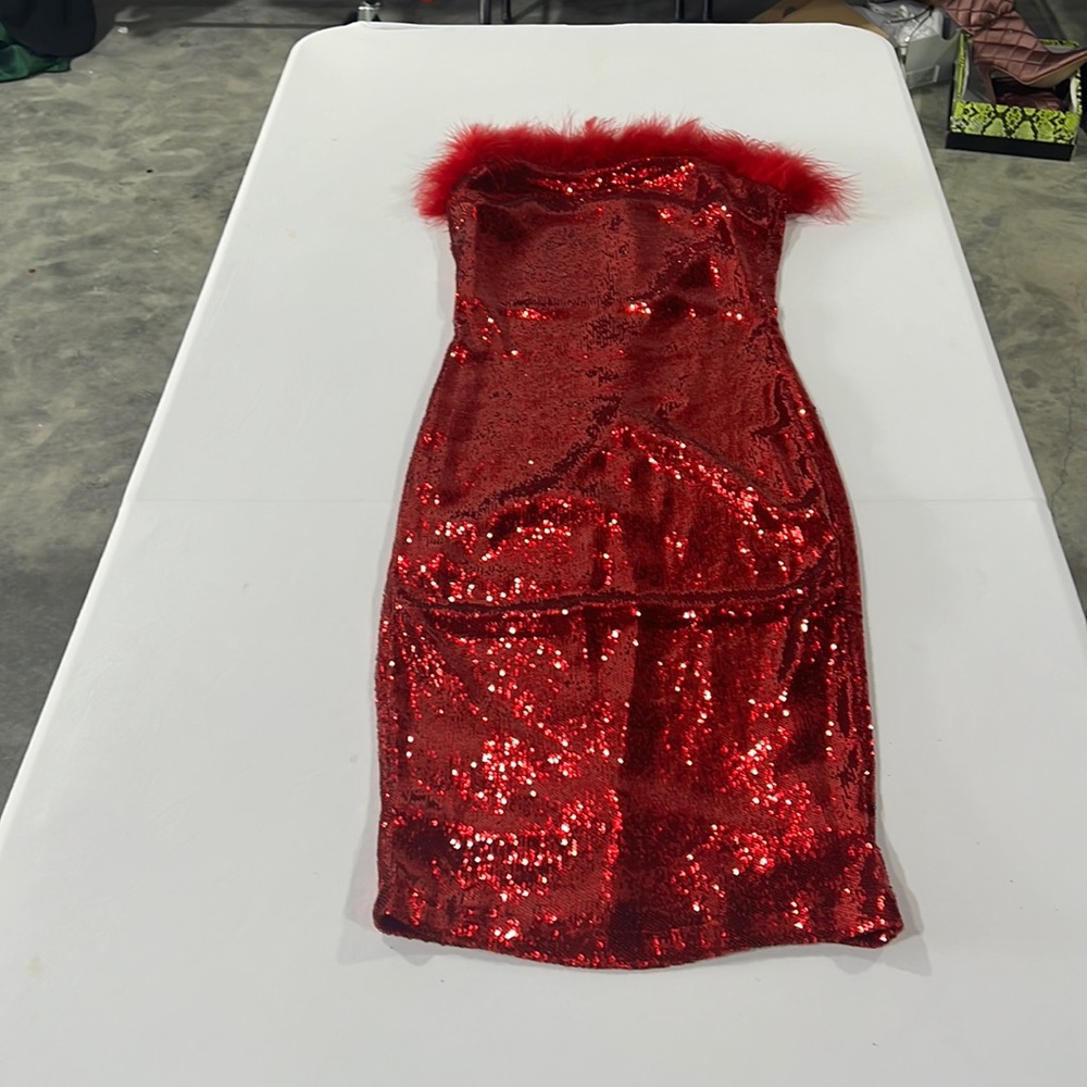 Red sequin halter dress; zipper back; faux fur at top of dress; lined